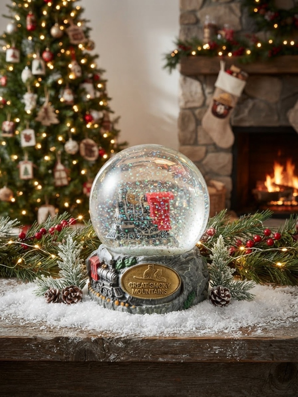 Mini Snow Globe Smokey Mountains Tn Train Holiday Decor - Red & Green Train